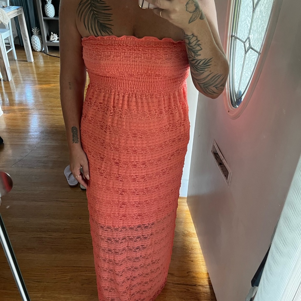 Strapless maxi lace coral pink dress